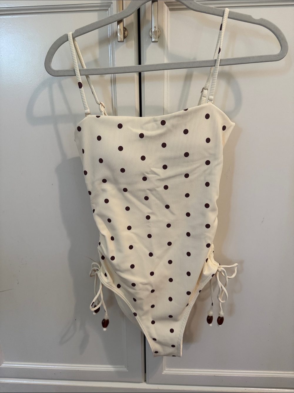 Cream Polka Dot One-Piece Swimsuit with Side Ties